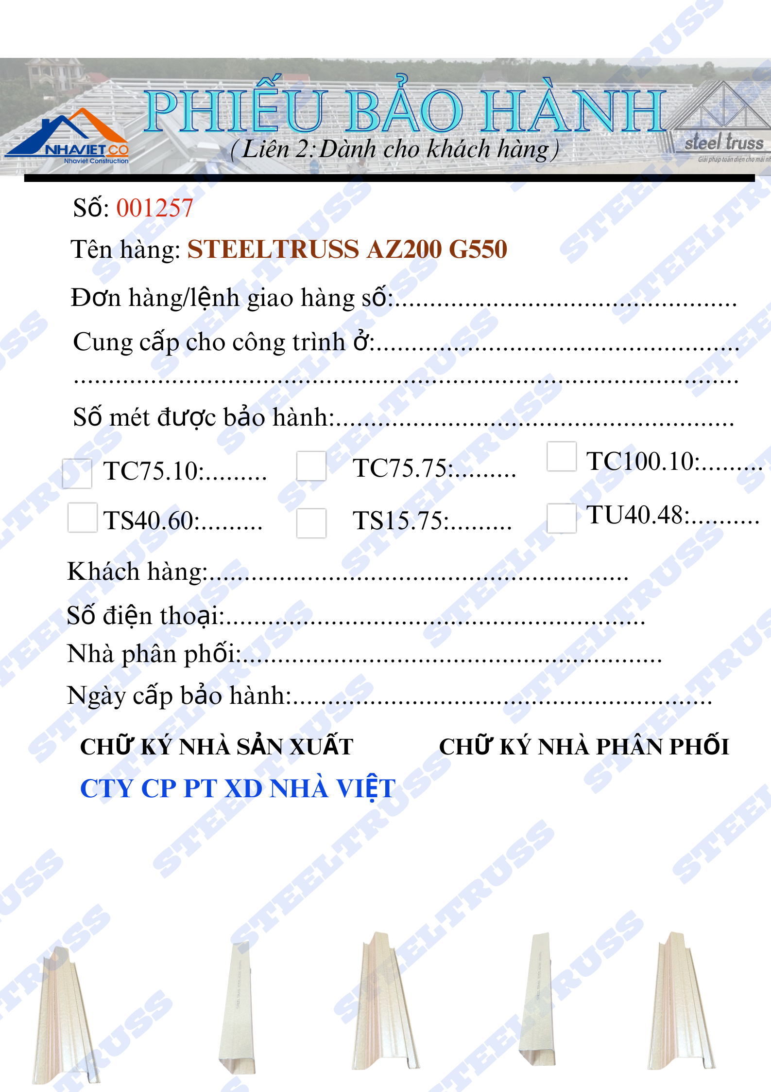 giấy bảo hành thép mạ Steltruss