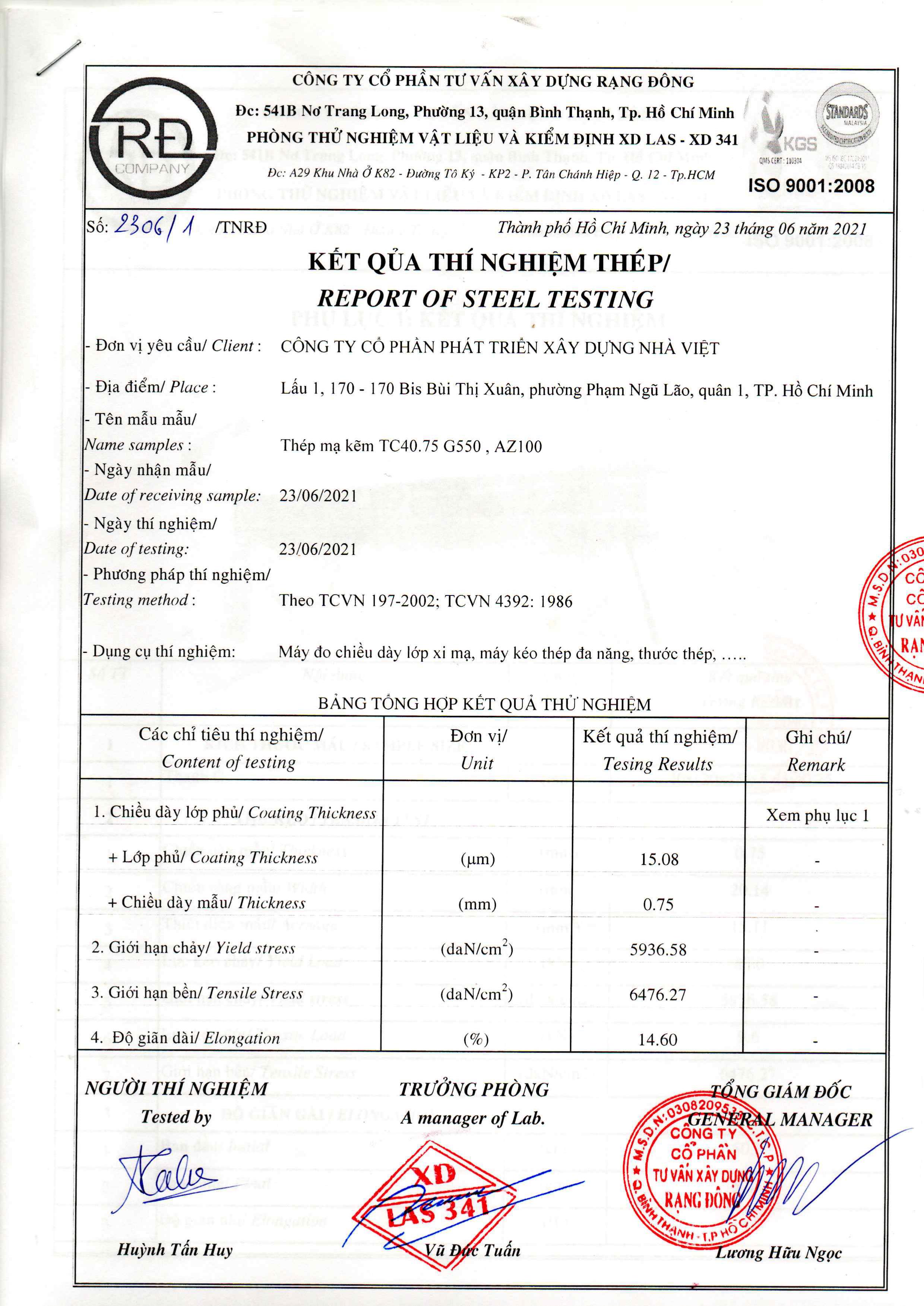 kiểm định cầu phong thép mạ Steeltrss TC4075