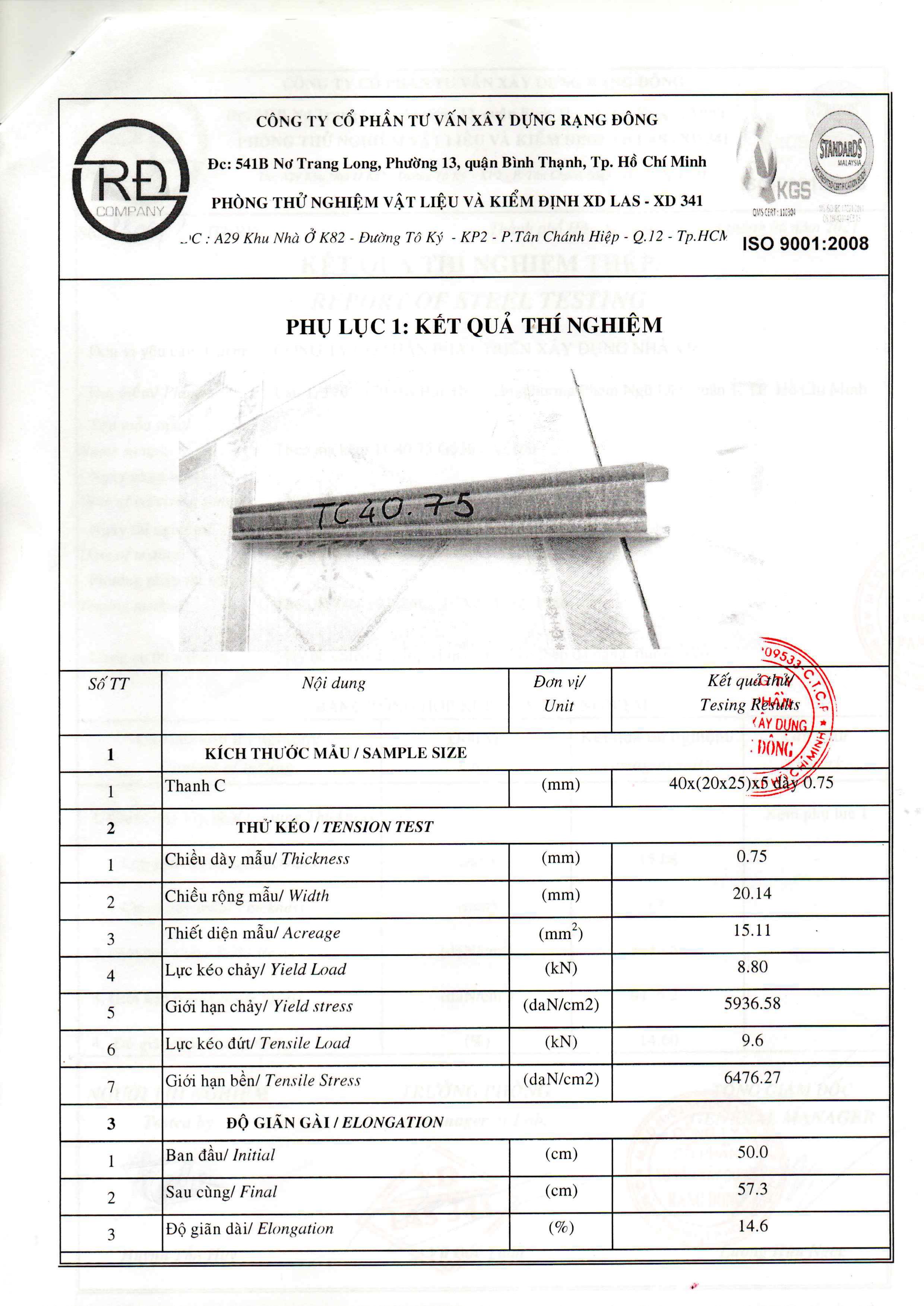 kiểm định cầu phong thép mạ Steeltrss TC4075